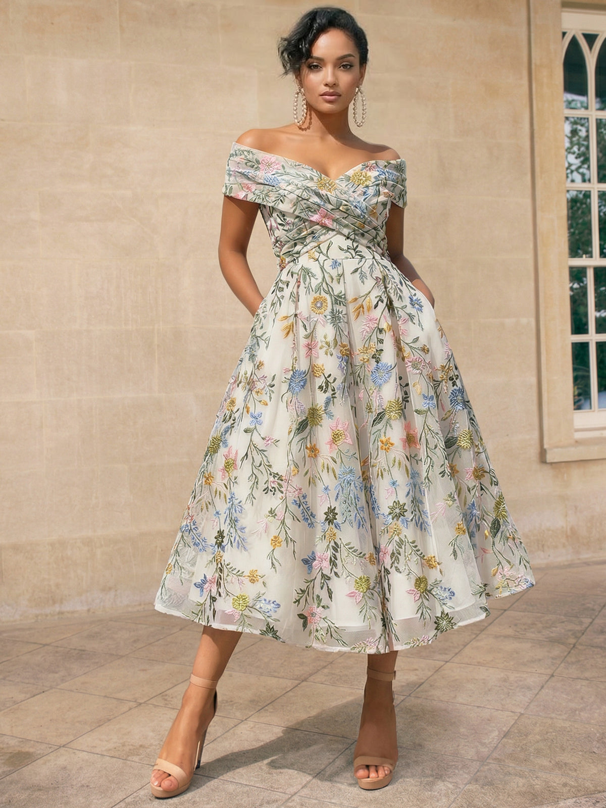 A-Line/Princess Elegant Cocktail Dress Off The Shoulder Tea-Length Floral Embroidery Dress Formal Wedding Guest