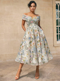A-Line/Princess Elegant Cocktail Dress Off The Shoulder Tea-Length Floral Embroidery Dress Formal Wedding Guest