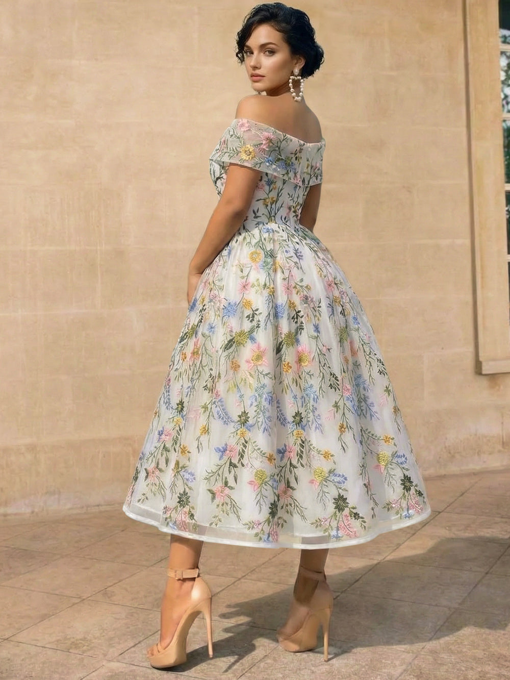 A-Line/Princess Elegant Cocktail Dress Off The Shoulder Tea-Length Floral Embroidery Dress Formal Wedding Guest