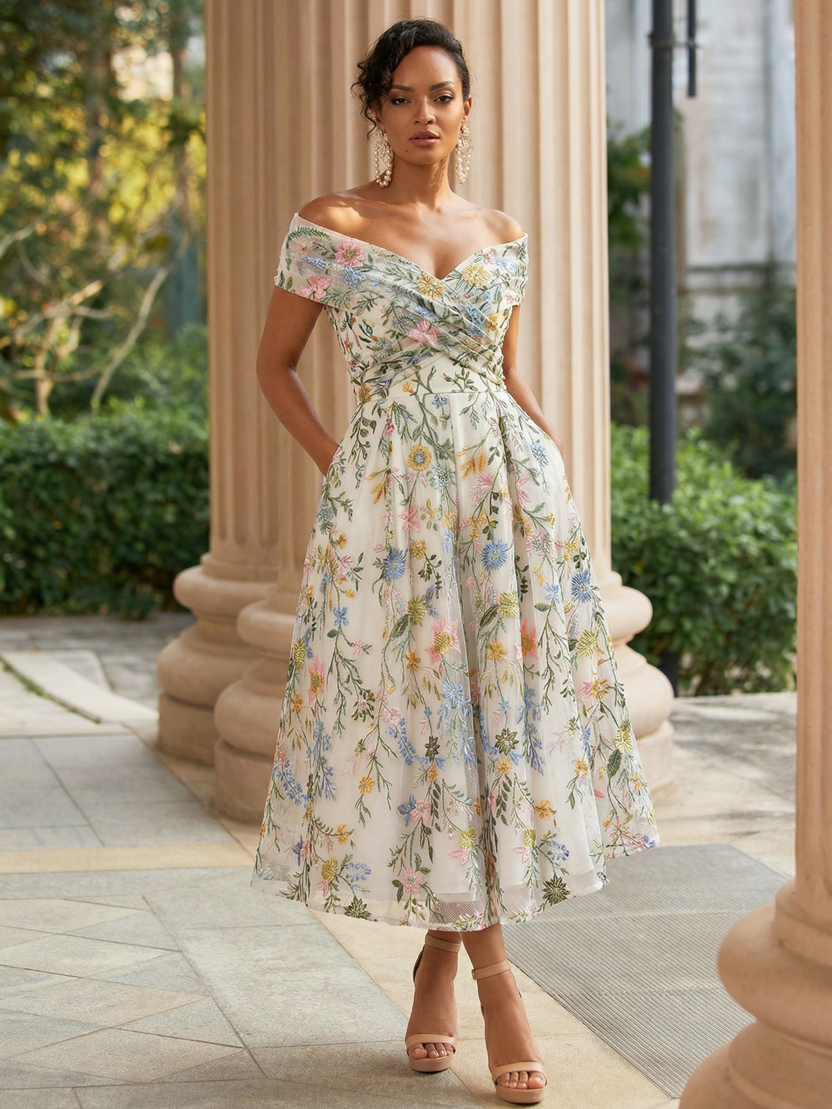 A-Line/Princess Elegant Cocktail Dress Off The Shoulder Tea-Length Floral Embroidery Dress Formal Wedding Guest