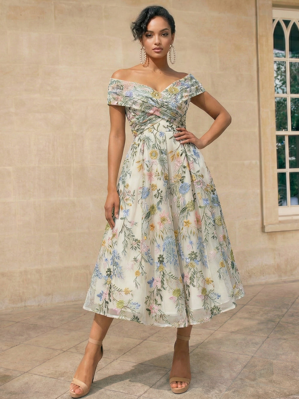 A-Line/Princess Elegant Cocktail Dress Off The Shoulder Tea-Length Floral Embroidery Dress Formal Wedding Guest