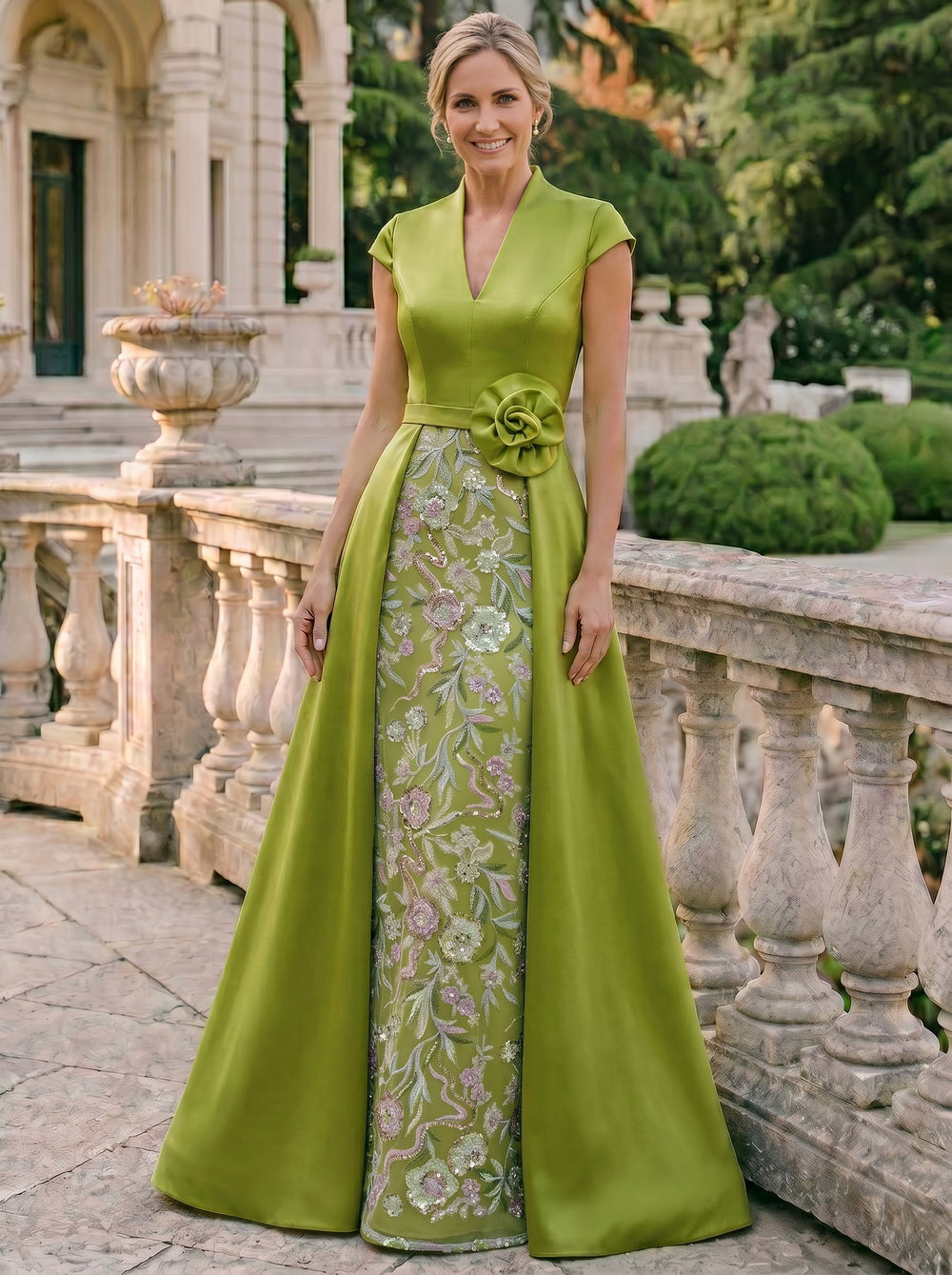 A-Line Mother Of The Bride Dresses Elegant Formal Gown Flowers Floor Length Short Sleeves V-Neck Wedding Guest Dress