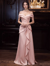 A-Line Evening Dress Off-The-Shoulder Sleeveless Floor-Length Formal Dress With Slit Ruffles