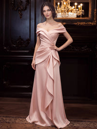 A-Line Evening Dress Off-The-Shoulder Sleeveless Floor-Length Formal Dress With Slit Ruffles