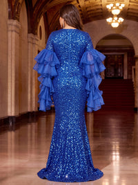 Mermaid Plus Size Evening Dresses Sequins Floor-Length V-Neck Long Sleeves With Ruffles Zipper