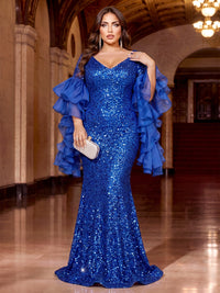 Mermaid Plus Size Evening Dresses Sequins Floor-Length V-Neck Long Sleeves With Ruffles Zipper