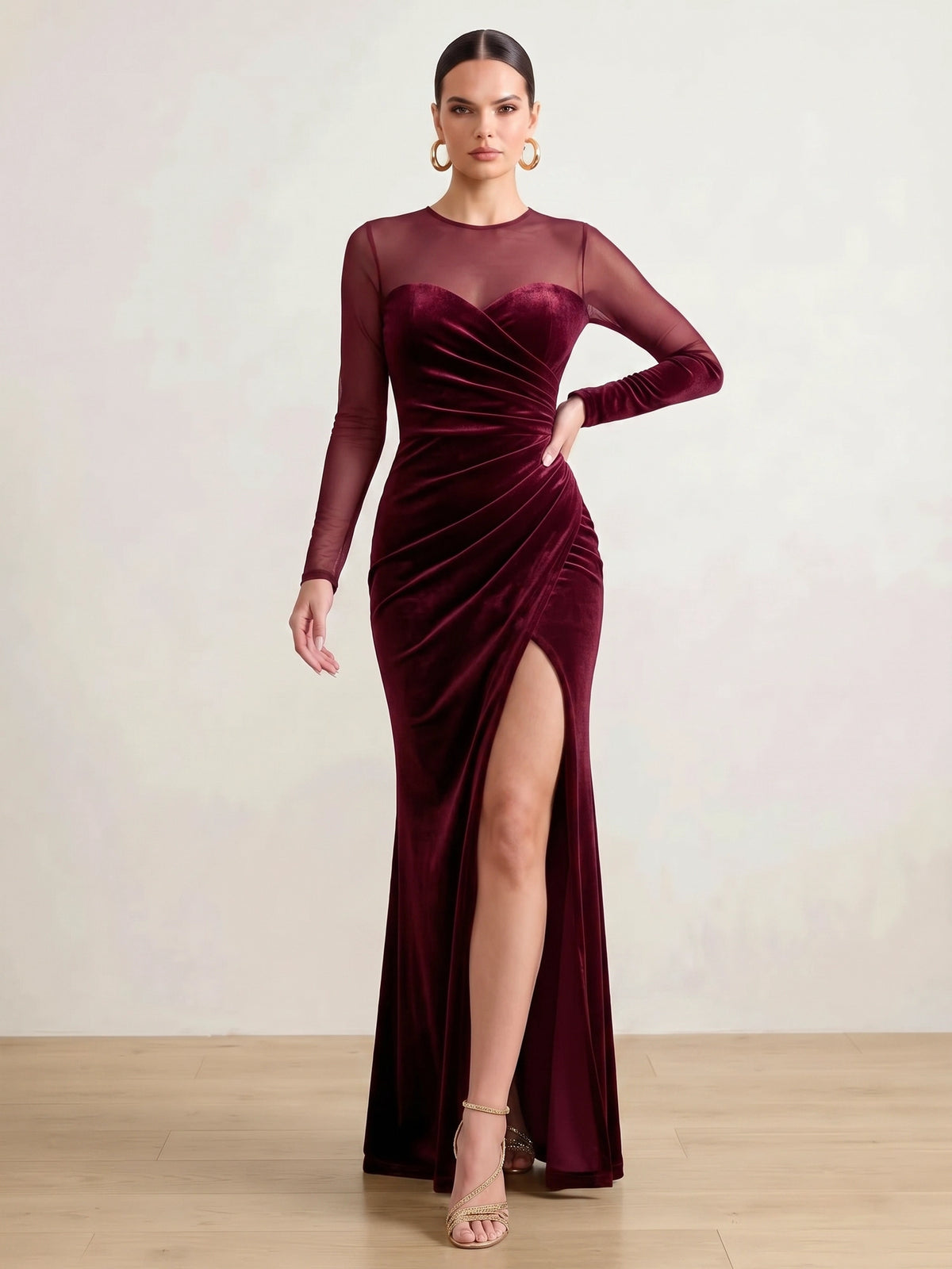 Sheath Velvet Evening Gown Floor Length Boat Neck Burgundy Long Sleeves Elegant Formal Dress With High Slit