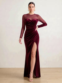 Sheath Velvet Evening Gown Floor Length Boat Neck Burgundy Long Sleeves Elegant Formal Dress With High Slit