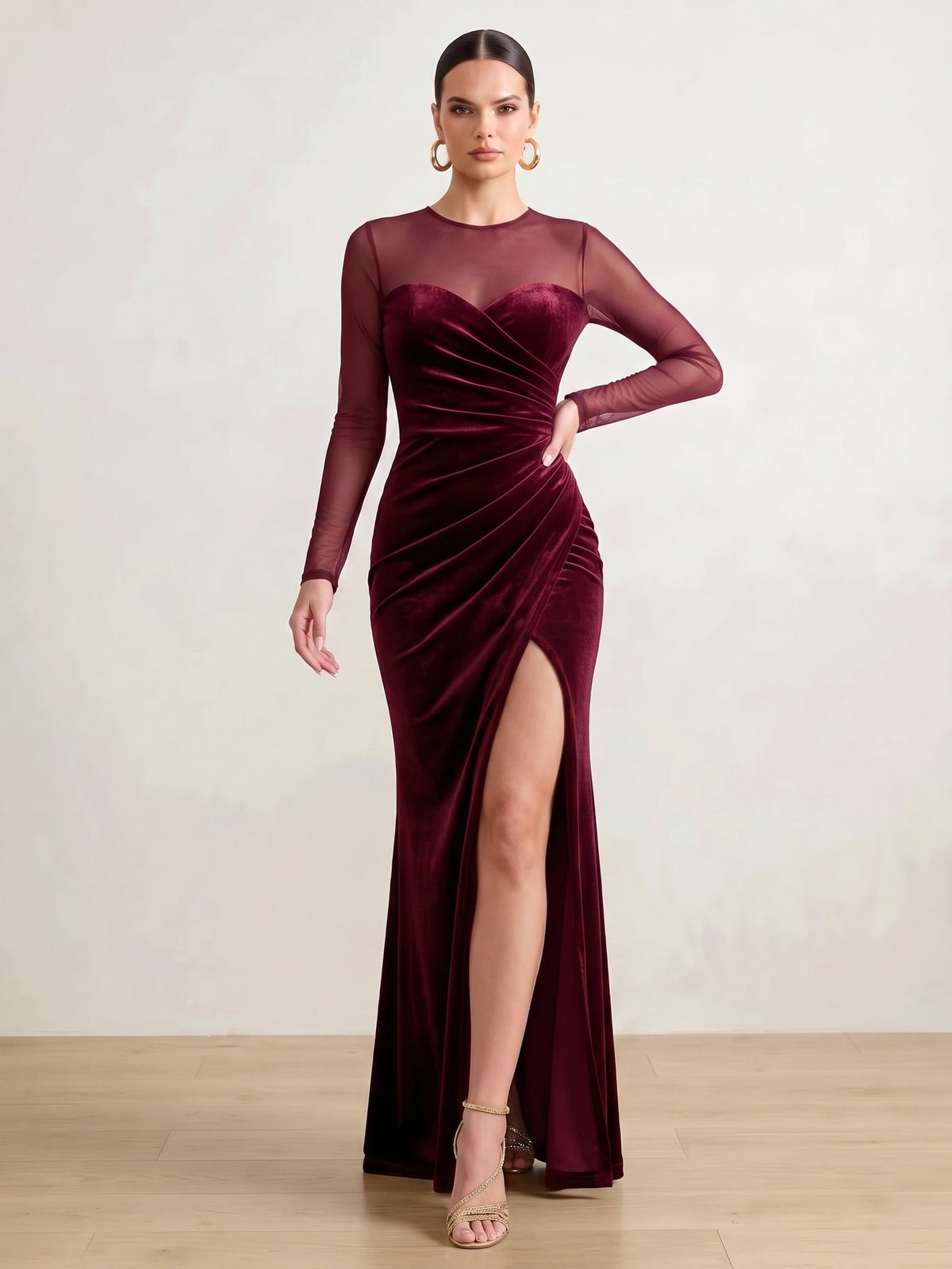 Sheath Velvet Evening Gown Floor Length Boat Neck Burgundy Long Sleeves Elegant Formal Dress With High Slit