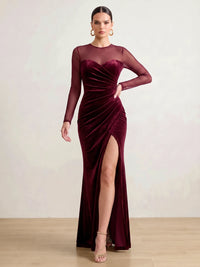 Sheath Velvet Evening Gown Floor Length Boat Neck Burgundy Long Sleeves Elegant Formal Dress With High Slit
