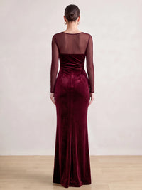 Sheath Velvet Evening Gown Floor Length Boat Neck Burgundy Long Sleeves Elegant Formal Dress With High Slit