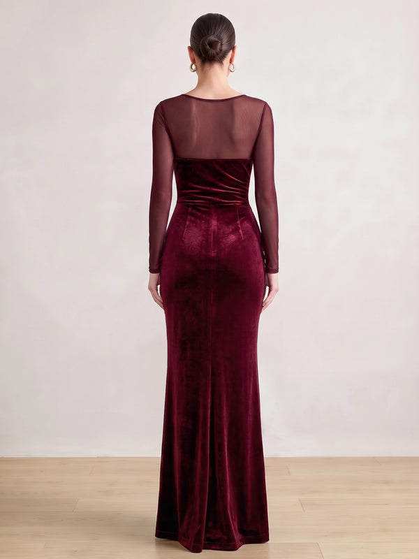 Sheath Velvet Evening Gown Floor Length Boat Neck Burgundy Long Sleeves Elegant Formal Dress With High Slit
