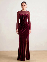 Sheath Velvet Evening Gown Floor Length Boat Neck Burgundy Long Sleeves Elegant Formal Dress With High Slit