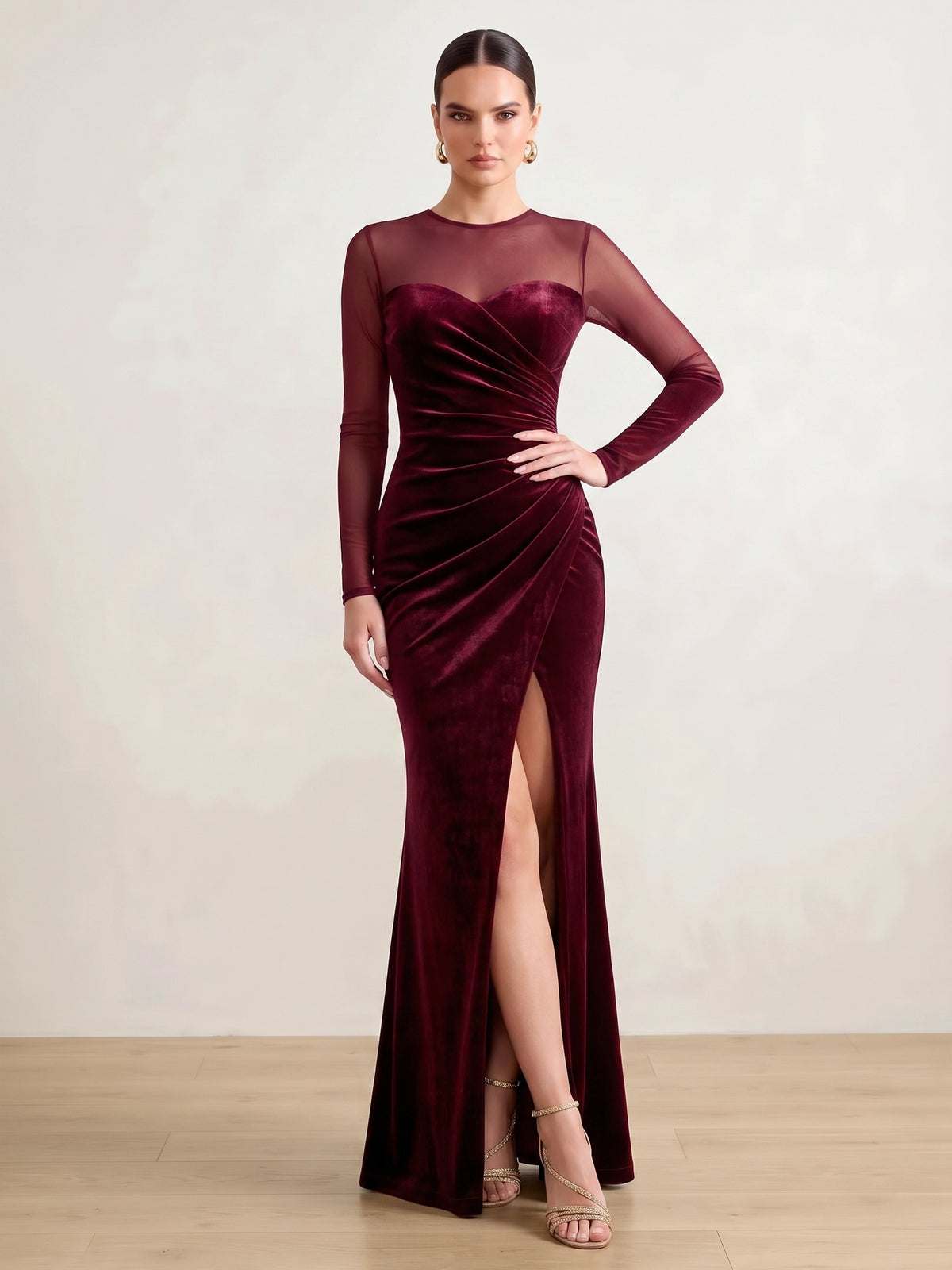 Sheath Velvet Evening Gown Floor Length Boat Neck Burgundy Long Sleeves Elegant Formal Dress With High Slit