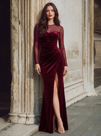 Sheath Velvet Evening Gown Floor Length Boat Neck Burgundy Long Sleeves Elegant Formal Dress With High Slit