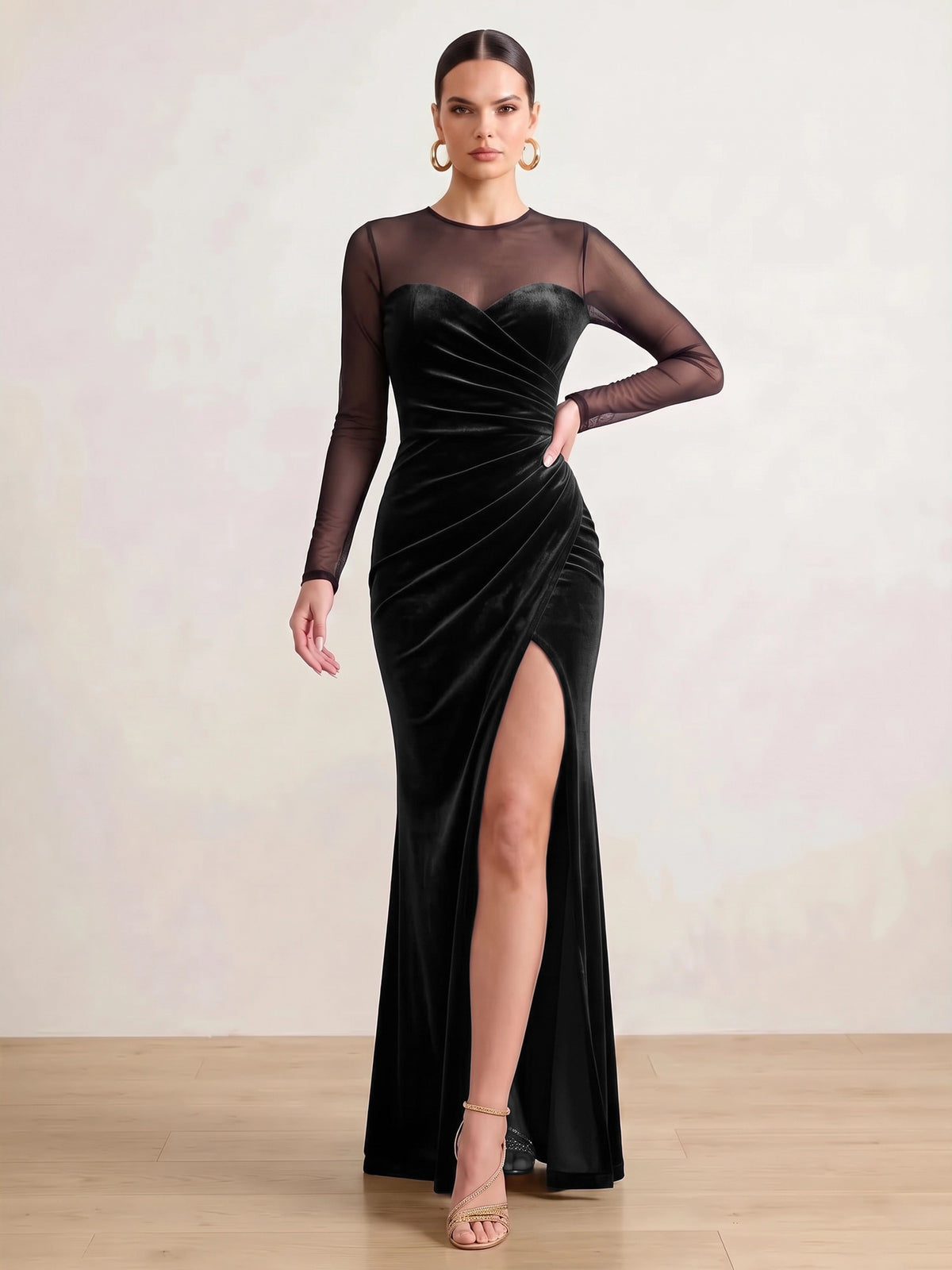 Sheath Velvet Evening Gown Floor Length Boat Neck Burgundy Long Sleeves Elegant Formal Dress With High Slit