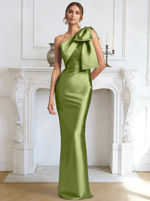 Sheath/Column Elegant Evening Dresses Satin One Shoulder Floor-Length Formal Dress With Shoulder Bow