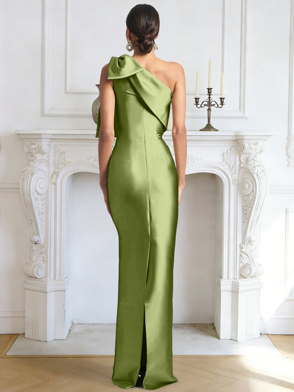 Sheath/Column Elegant Evening Dresses Satin One Shoulder Floor-Length Formal Dress With Shoulder Bow