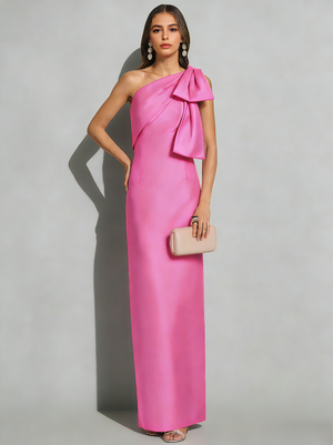 Sheath/Column Elegant Evening Dresses Satin One Shoulder Floor-Length Formal Dress With Shoulder Bow