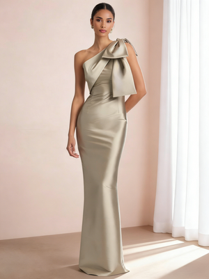 Sheath/Column Elegant Evening Dresses Satin One Shoulder Floor-Length Formal Dress With Shoulder Bow