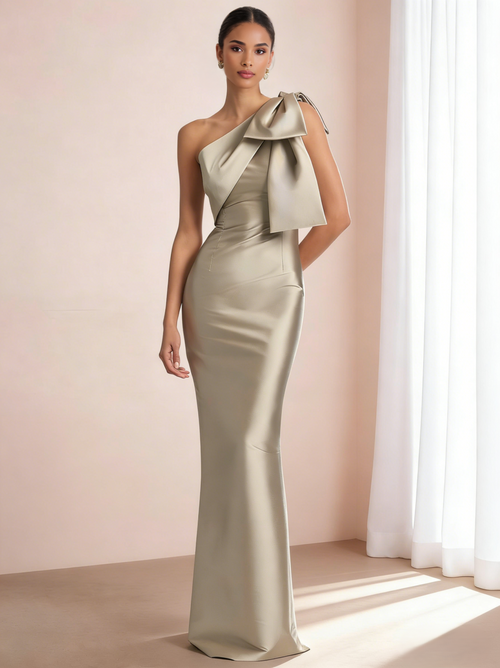 Sheath/Column Elegant Evening Dresses Satin One Shoulder Floor-Length Formal Dress With Shoulder Bow