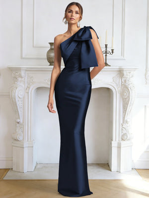 Sheath/Column Elegant Evening Dresses Satin One Shoulder Floor-Length Formal Dress With Shoulder Bow