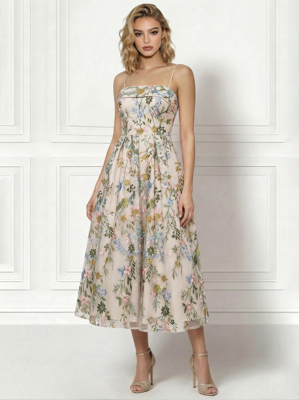 A-Line/Princess Elegant Cocktail Dress Spaghetti Straps Tea-Length Floral Embroidery Dress Formal Wedding Guest