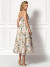 A-Line/Princess Elegant Cocktail Dress Spaghetti Straps Tea-Length Floral Embroidery Dress Formal Wedding Guest