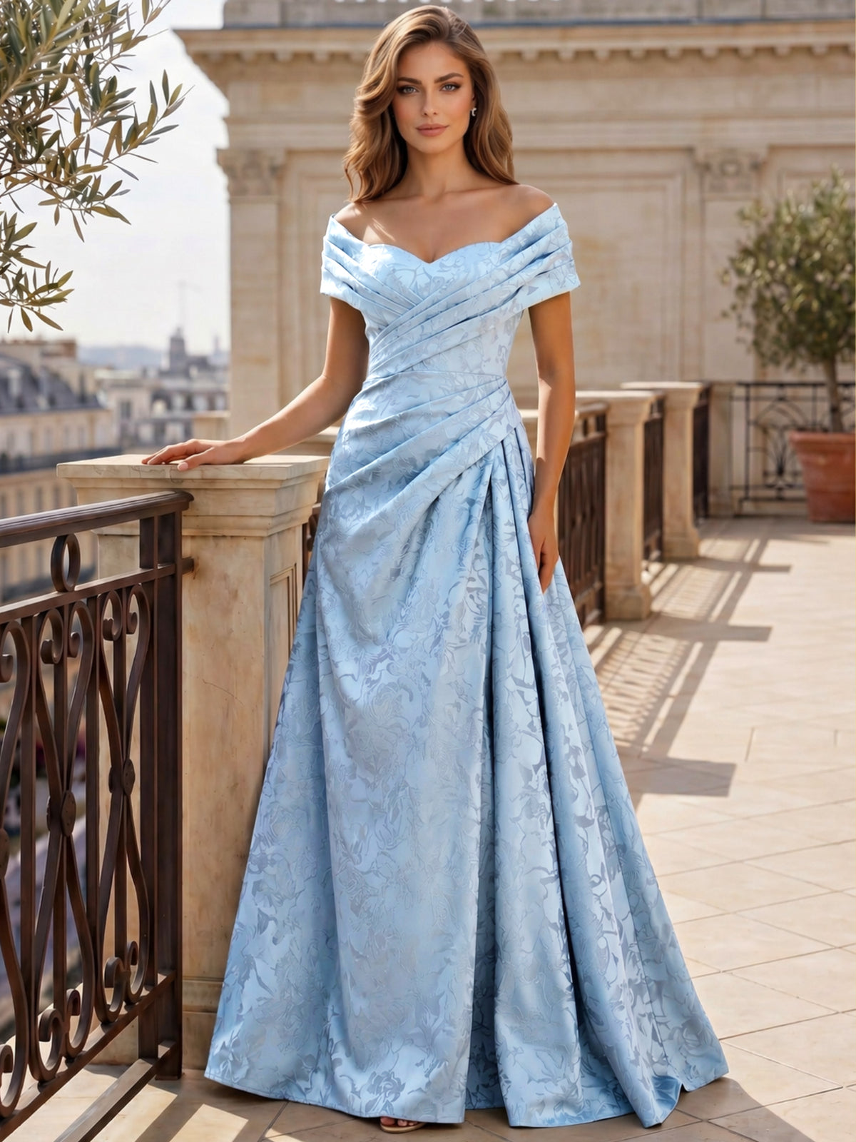 Nafori Sky Blue A-Line Evening Dresses Off The Shoulder Floral Jacquard With Ruched Wedding Guest Evening Dress 2026
