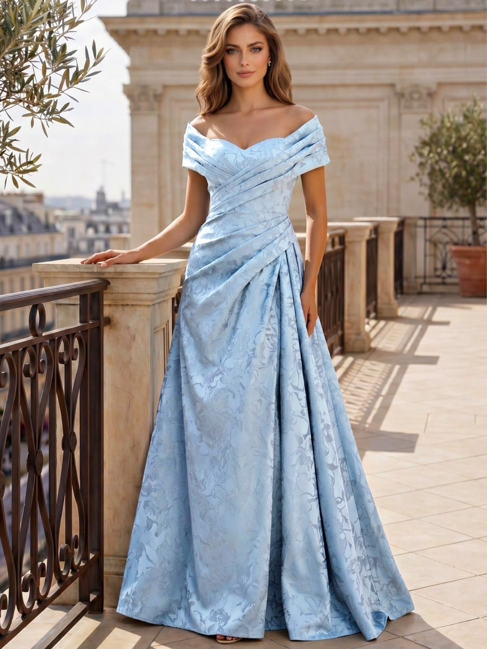A-Line Evening Dresses Off The Shoulder Floral Jacquard With Pleats Ruched Wedding Guest Evening Dress