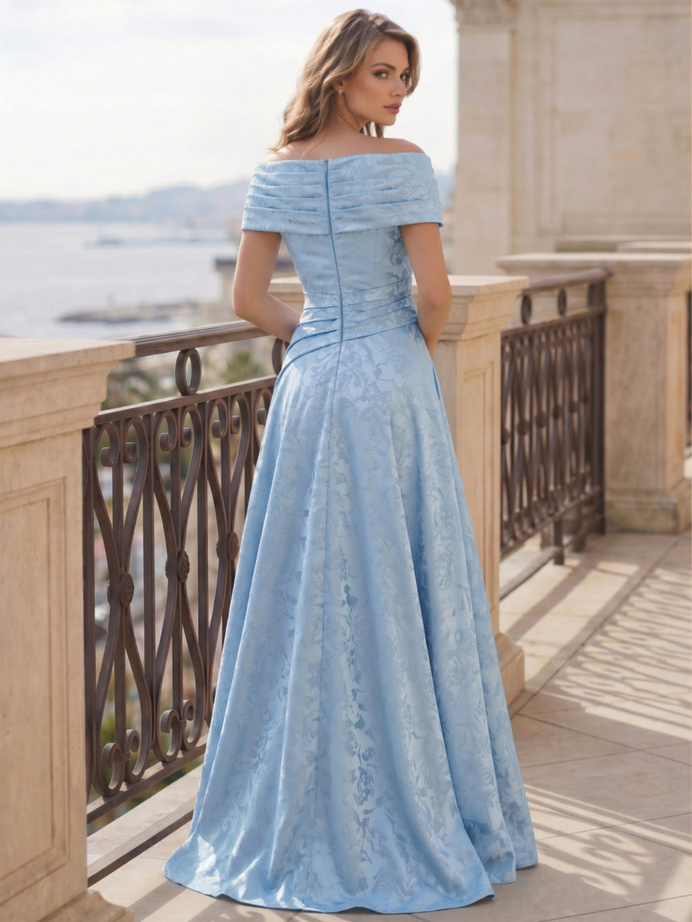 A-Line Evening Dresses Off The Shoulder Floral Jacquard With Pleats Ruched Wedding Guest Evening Dress