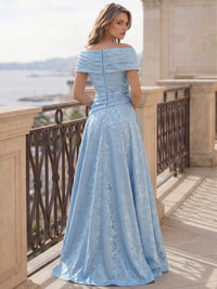 A-Line Evening Dresses Off The Shoulder Floral Jacquard With Pleats Ruched Wedding Guest Evening Dress