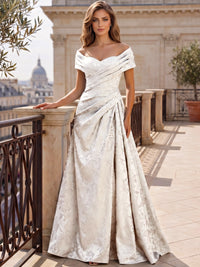 A-Line Evening Dresses Off The Shoulder Floral Jacquard With Ruched Wedding Guest Evening Dress