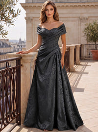 A-Line Evening Dresses Off The Shoulder Floral Jacquard With Ruched Wedding Guest Evening Dress