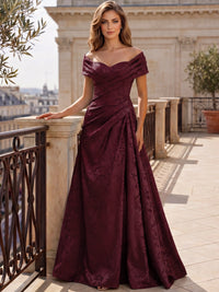 A-Line Evening Dresses Off The Shoulder Floral Jacquard With Ruched Wedding Guest Evening Dress
