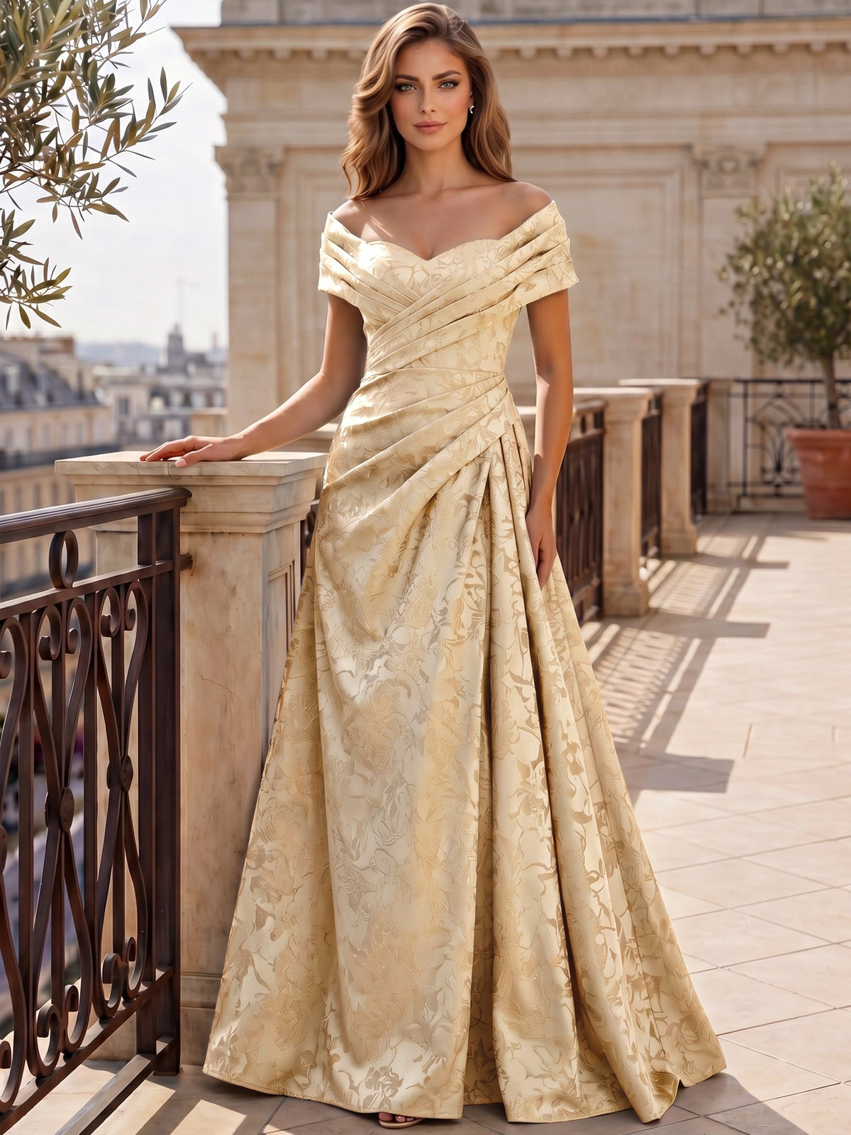 A-Line Evening Dresses Off The Shoulder Floral Jacquard With Ruched Wedding Guest Evening Dress