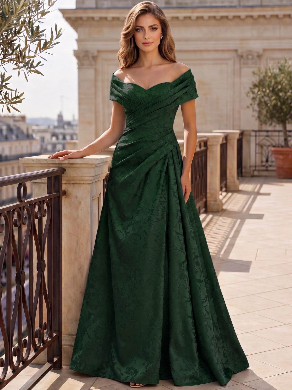 A-Line Evening Dresses Off The Shoulder Floral Jacquard With Ruched Wedding Guest Evening Dress