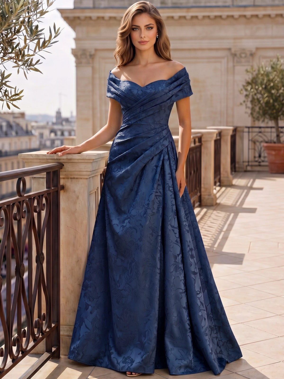 A-Line Evening Dresses Off The Shoulder Floral Jacquard With Ruched Wedding Guest Evening Dress