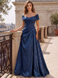 A-Line Evening Dresses Off The Shoulder Floral Jacquard With Ruched Wedding Guest Evening Dress