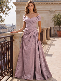A-Line Evening Dresses Off The Shoulder Floral Jacquard With Ruched Wedding Guest Evening Dress