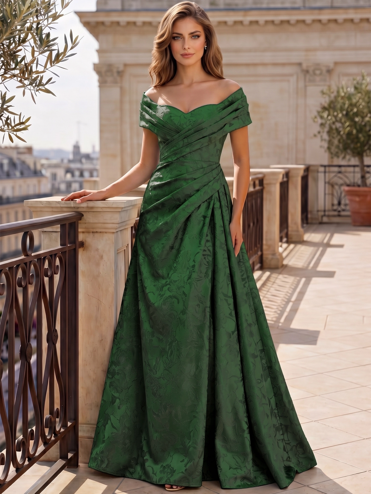 A-Line Evening Dresses Off The Shoulder Floral Jacquard With Ruched Wedding Guest Evening Dress