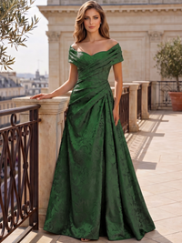 A-Line Evening Dresses Off The Shoulder Floral Jacquard With Ruched Wedding Guest Evening Dress