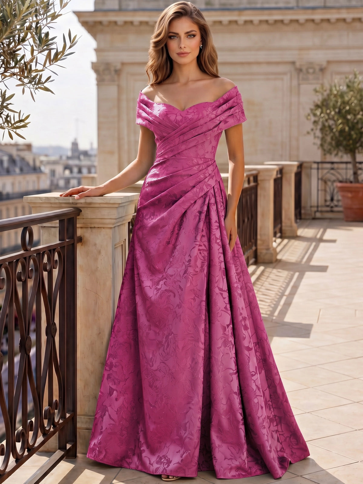 A-Line Evening Dresses Off The Shoulder Floral Jacquard With Ruched Wedding Guest Evening Dress
