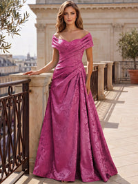 A-Line Evening Dresses Off The Shoulder Floral Jacquard With Ruched Wedding Guest Evening Dress