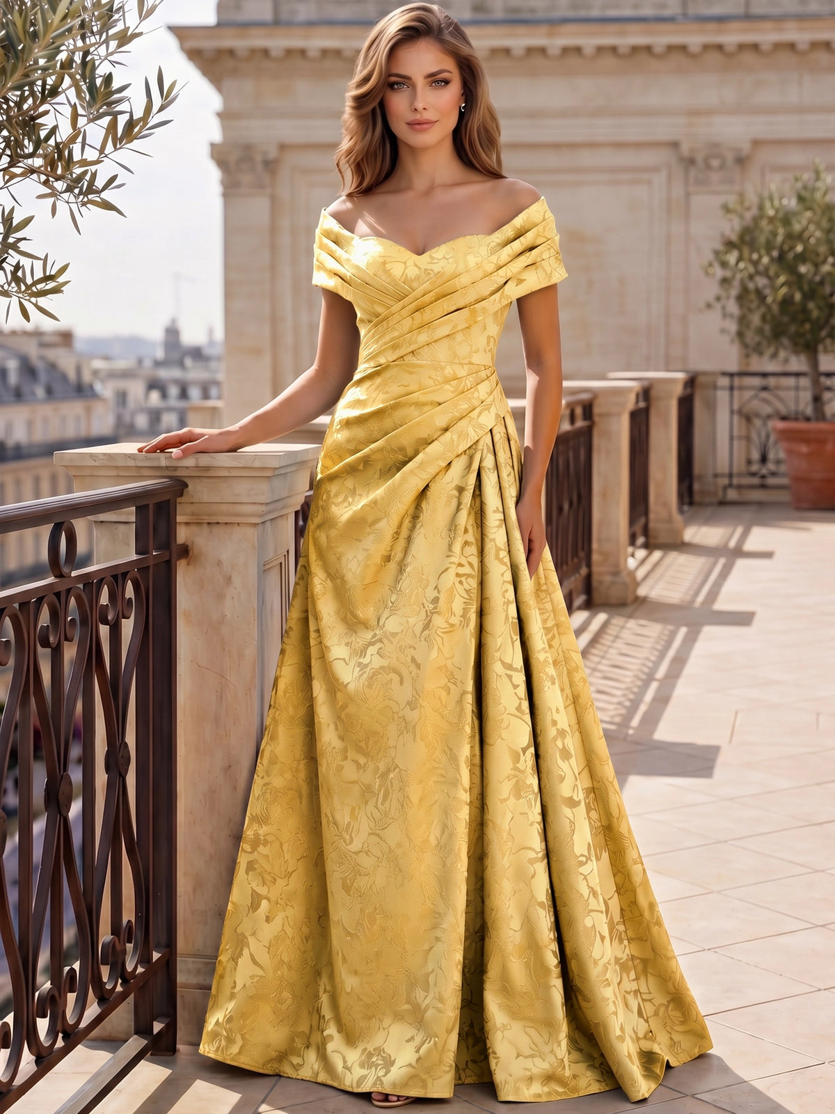 A-Line Evening Dresses Off The Shoulder Floral Jacquard With Ruched Wedding Guest Evening Dress