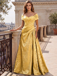 A-Line Evening Dresses Off The Shoulder Floral Jacquard With Ruched Wedding Guest Evening Dress