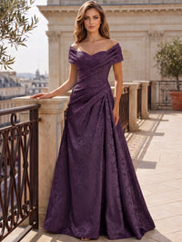 A-Line Evening Dresses Off The Shoulder Floral Jacquard With Ruched Wedding Guest Evening Dress