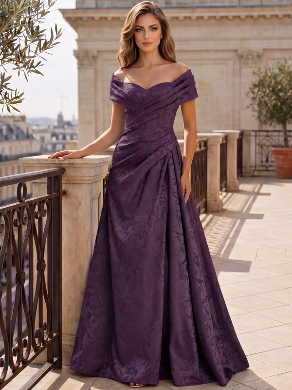 A-Line Evening Dresses Off The Shoulder Floral Jacquard Floor Length With Ruched Mother Of The Bride Dresses