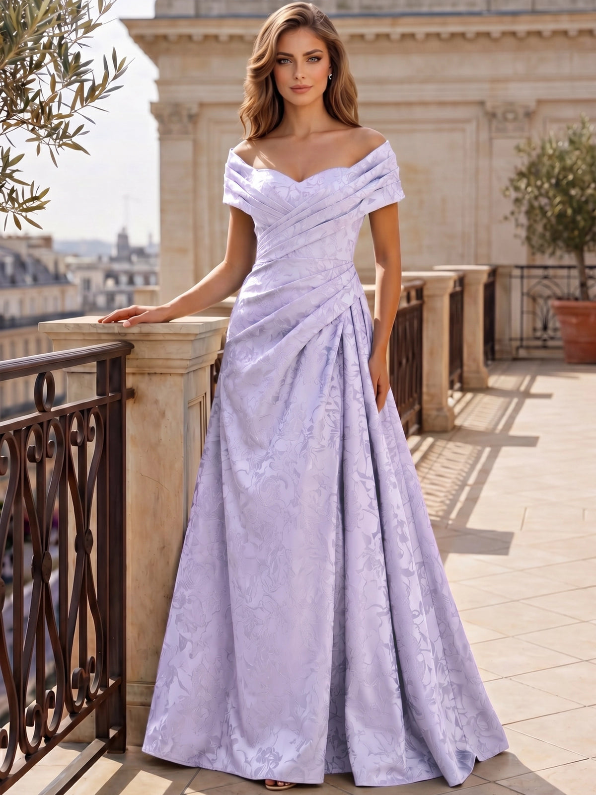 A-Line Evening Dresses Off The Shoulder Floral Jacquard With Ruched Wedding Guest Evening Dress