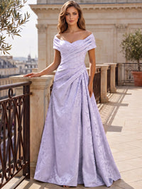 A-Line Evening Dresses Off The Shoulder Floral Jacquard With Ruched Wedding Guest Evening Dress